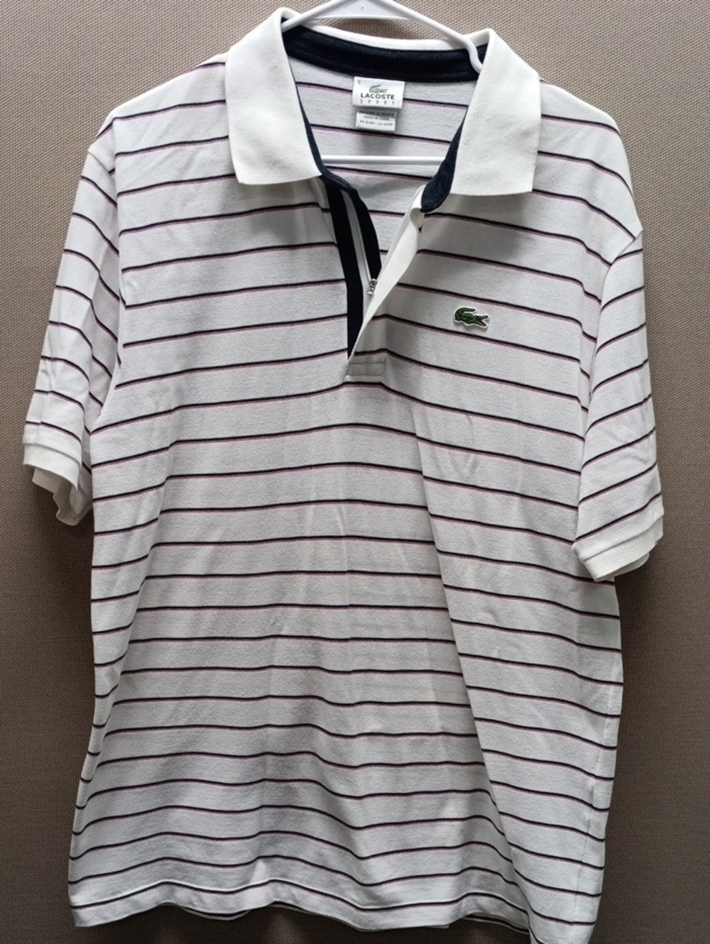 Lacoste Sport White Polo with Thin Burgundy Stripes and Green Crocodile